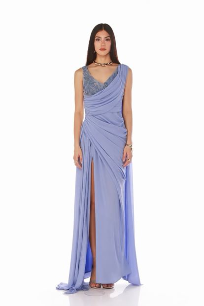 Mavi Göğüs Nakışlı Drape Detaylı Abiye Elbise